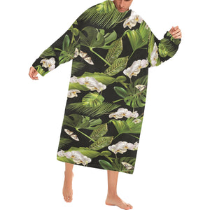 White orchid flower tropical leaves pattern blackg Blanket Robe with Sleeves