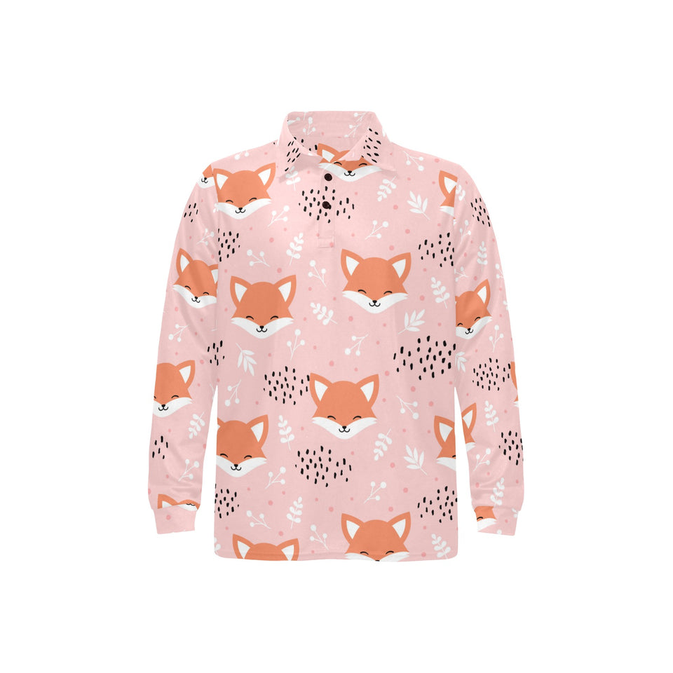 Cute fox pattern pink background Men's Long Sleeve Polo Shirt
