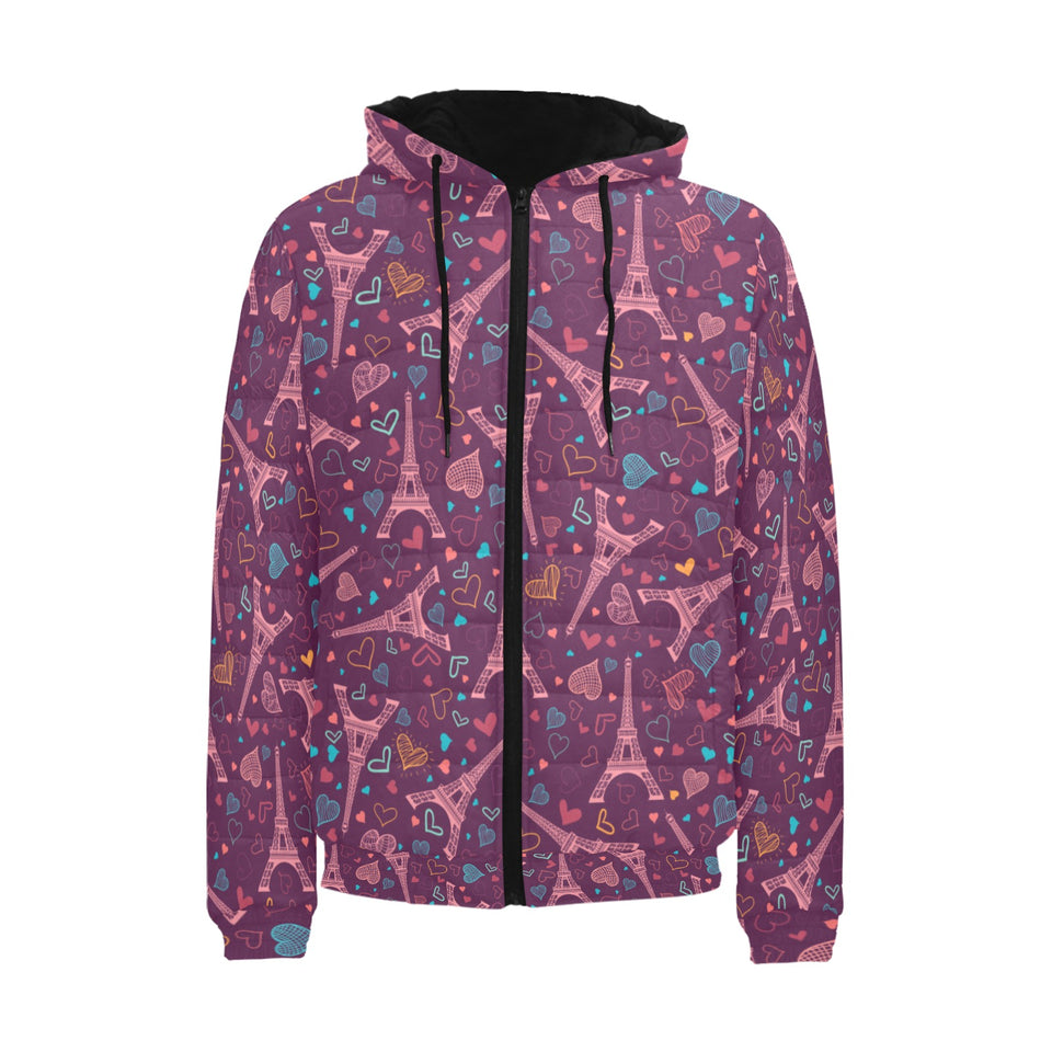 Eiffel Tower Heart Pattern Print Design 04 Men's Padded Hooded Jacket