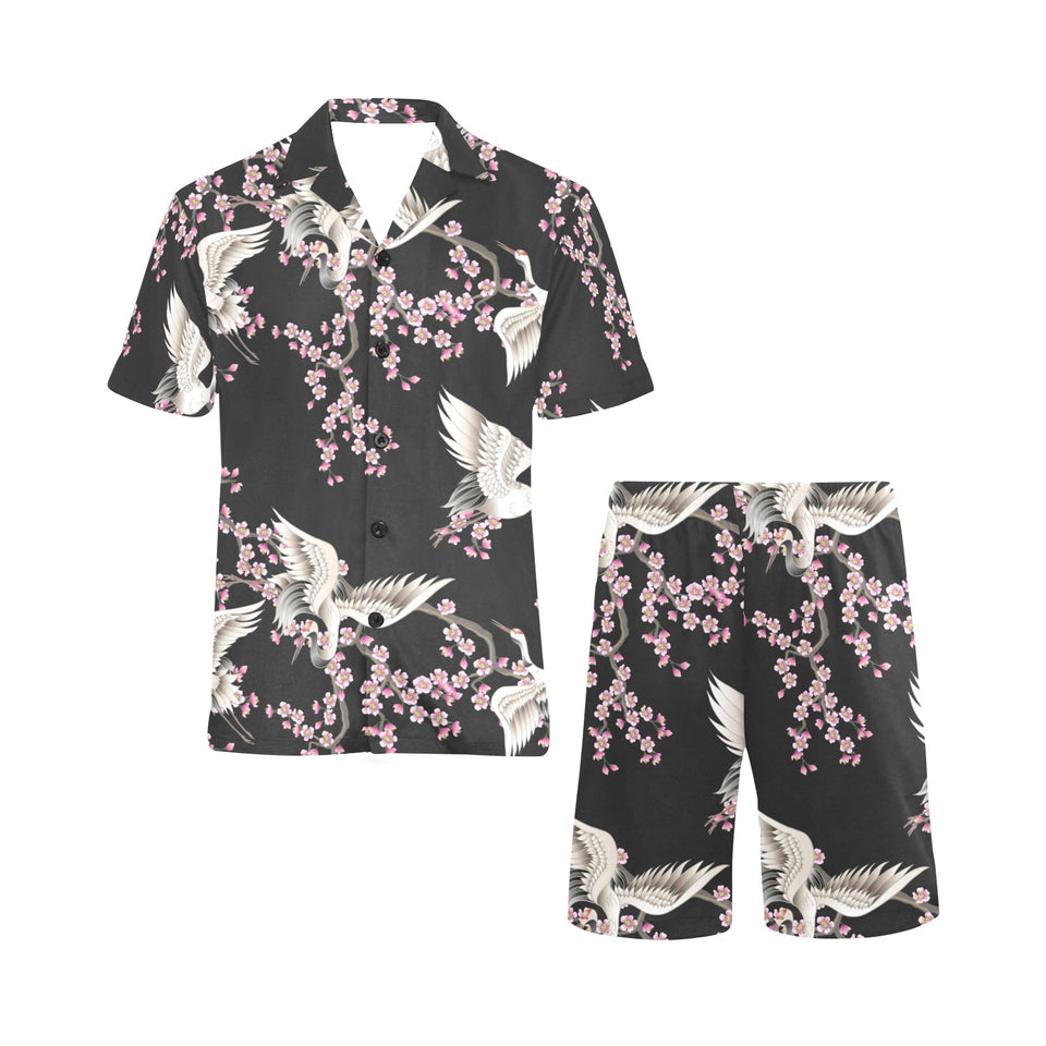 Japanese crane pink sakura pattern Men's V-Neck Short Pajama Set