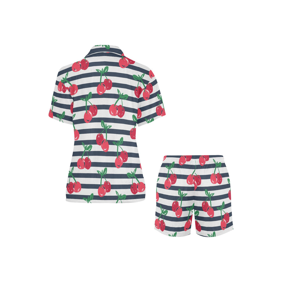 Hand drawn cherry pattern striped background Women's V-Neck Short Pajama Set