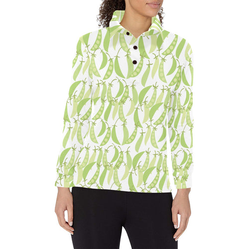 Green Peas Pattern Print Design 03 Women's Long Sleeve Polo Shirt