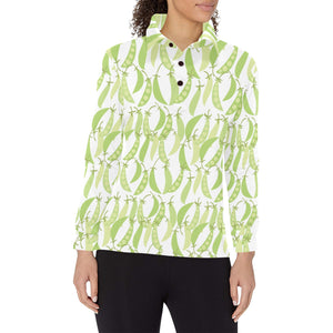 Green Peas Pattern Print Design 03 Women's Long Sleeve Polo Shirt