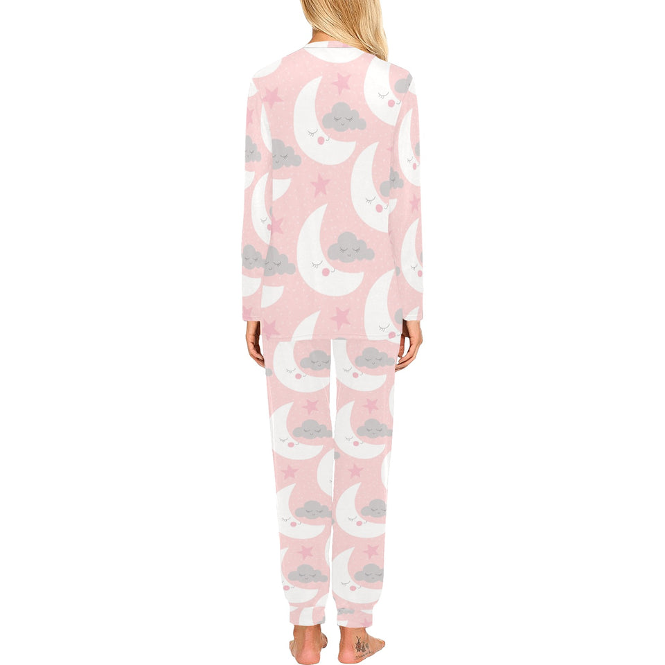 Cute moon cloud star pattern pink dot background Women's All Over Print Pajama Set