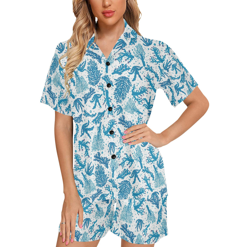 Coral Reef Pattern Print Design 01 Women's V-Neck Short Pajama Set