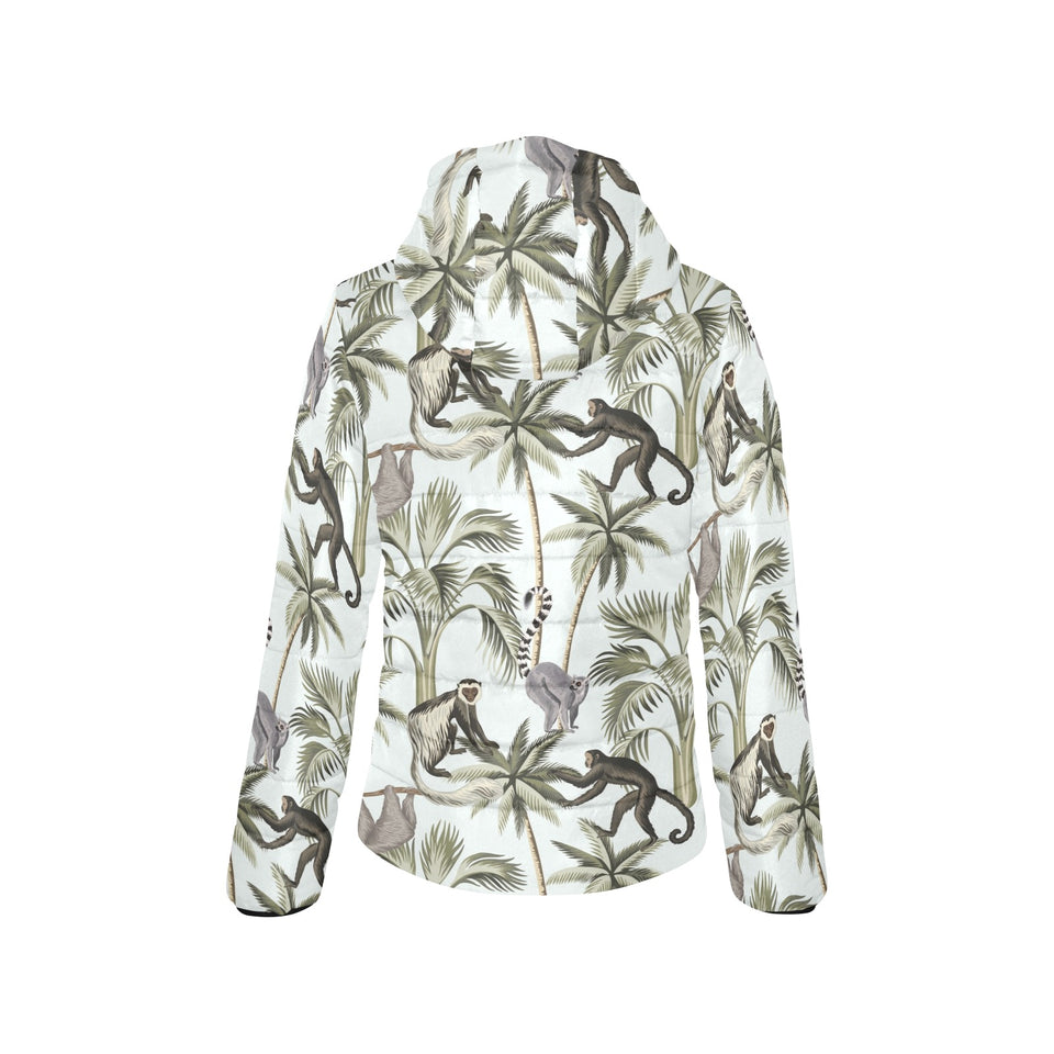 Monkey sloth lemur palm trees pattern Women's Padded Hooded Jacket