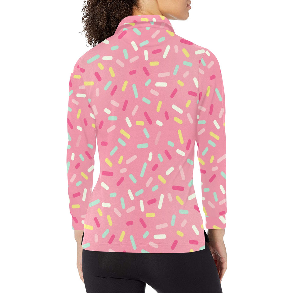 Pink donut glaze candy pattern Women's Long Sleeve Polo Shirt