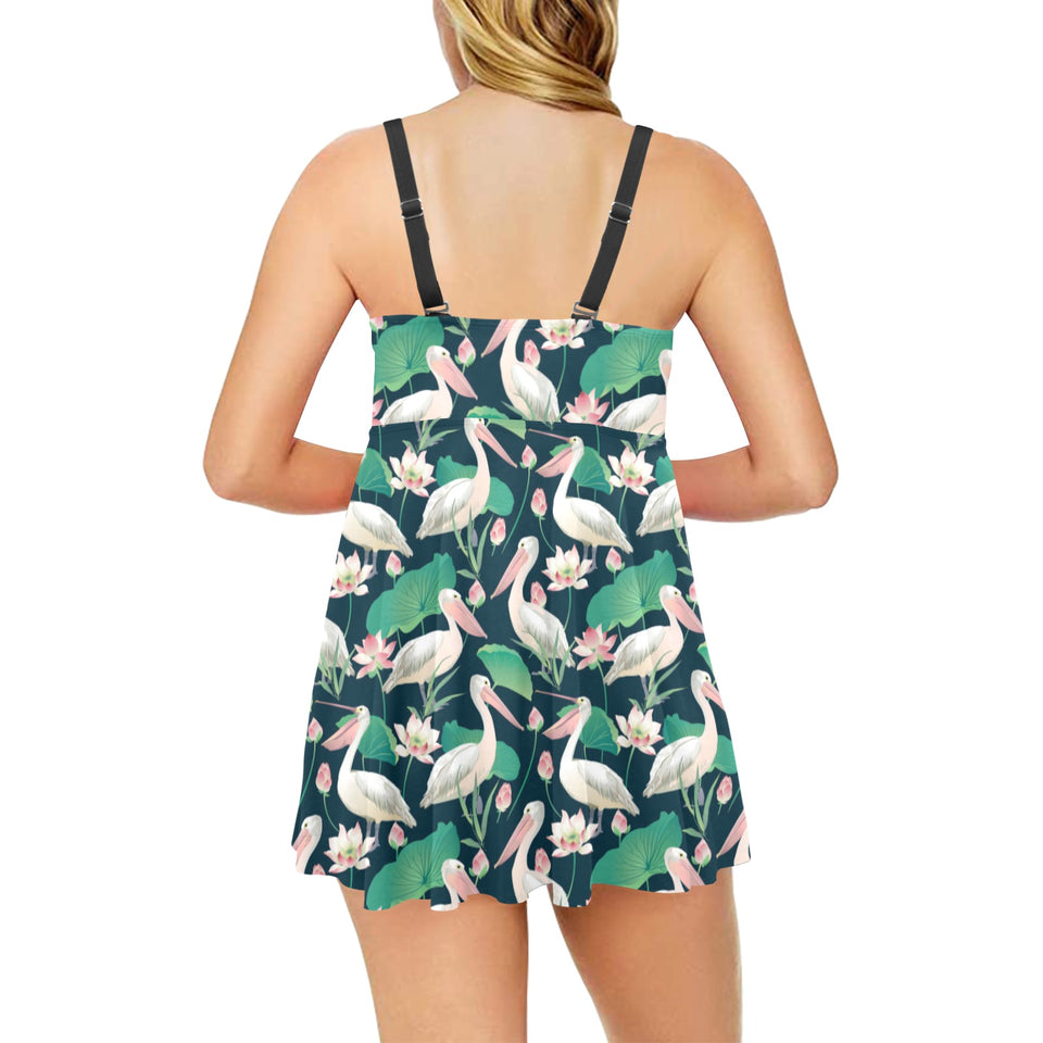 Pelican Pattern Print Design 03 Chest Sexy Pleated Two Piece Swim Dress