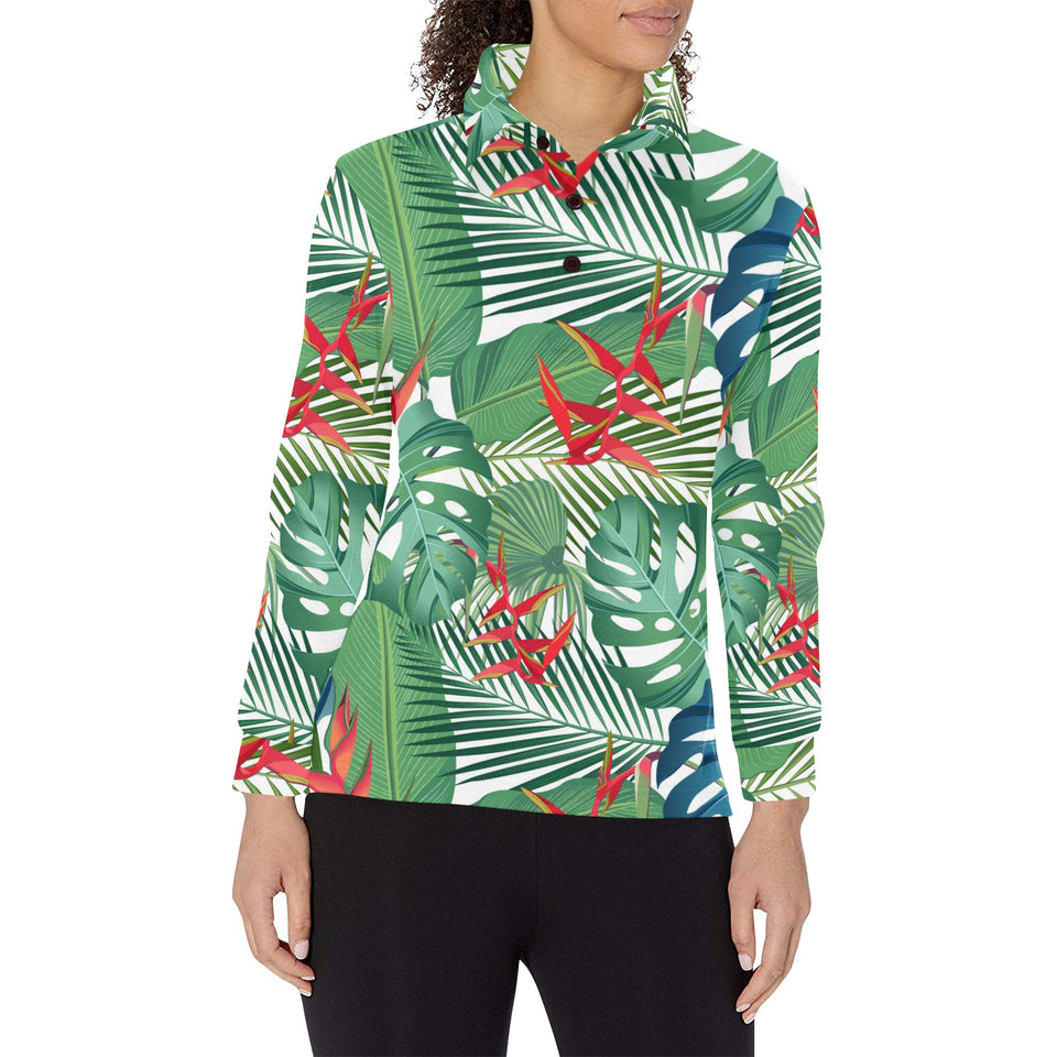 heliconia palm and monstera leaves pattern Women's Long Sleeve Polo Shirt