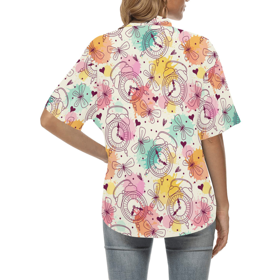 Clock butterfly pattern Women's All Over Print Hawaiian Shirt