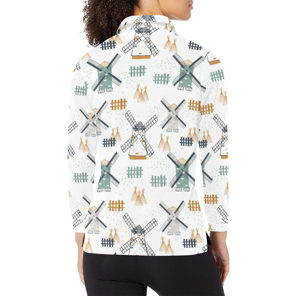 windmill pattern Women's Long Sleeve Polo Shirt