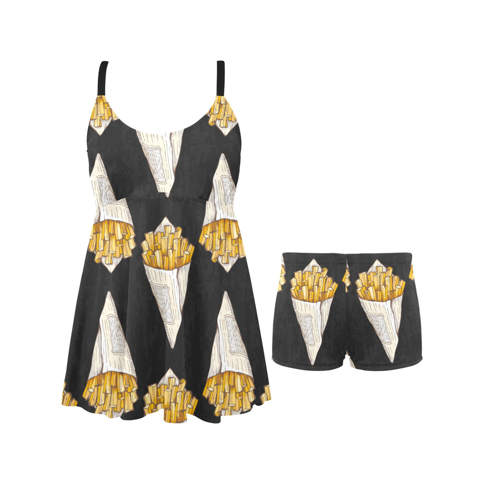 French fries dark background Chest Sexy Pleated Two Piece Swim Dress