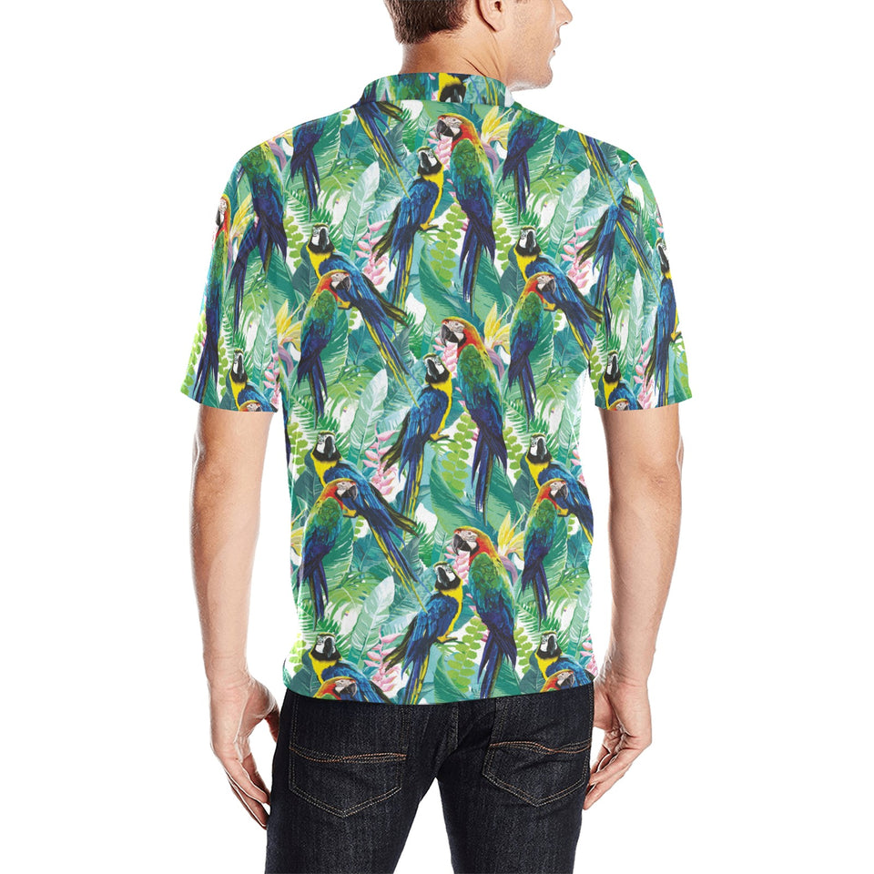 Colorful parrot exotic flower leaves Men's All Over Print Polo Shirt