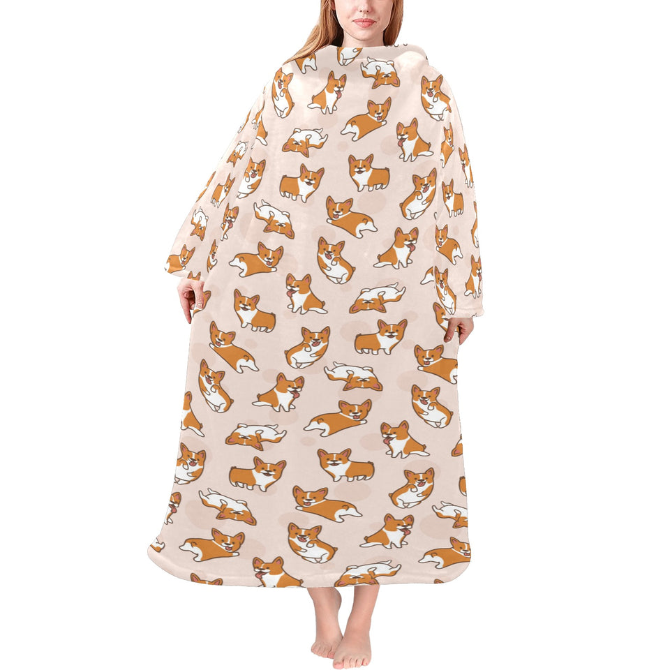 Cute Corgis Pattern pink background Blanket Robe with Sleeves