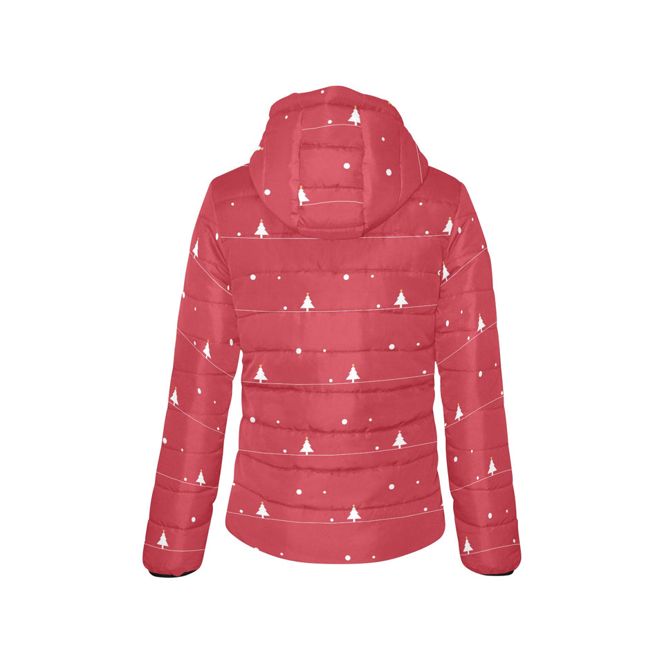 Christmas tree star snow red background Women's Padded Hooded Jacket