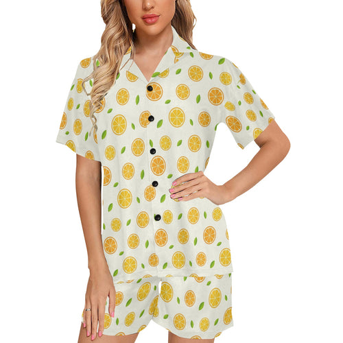 oranges leaves pattern Women's V-Neck Short Pajama Set
