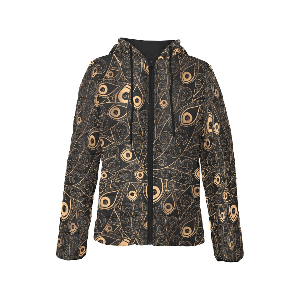 Gold peacock feather pattern Women's Padded Hooded Jacket
