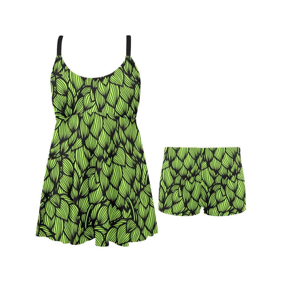 Green hop pattern Chest Sexy Pleated Two Piece Swim Dress