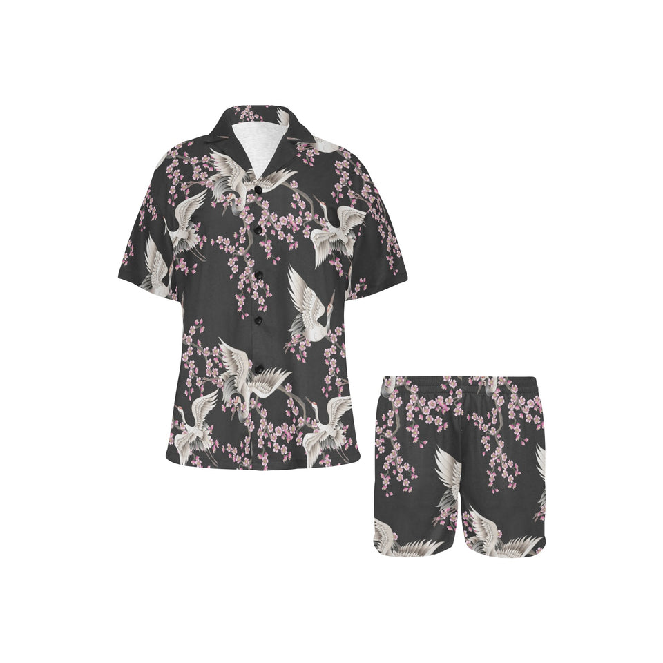 Japanese crane pink sakura pattern Women's V-Neck Short Pajama Set