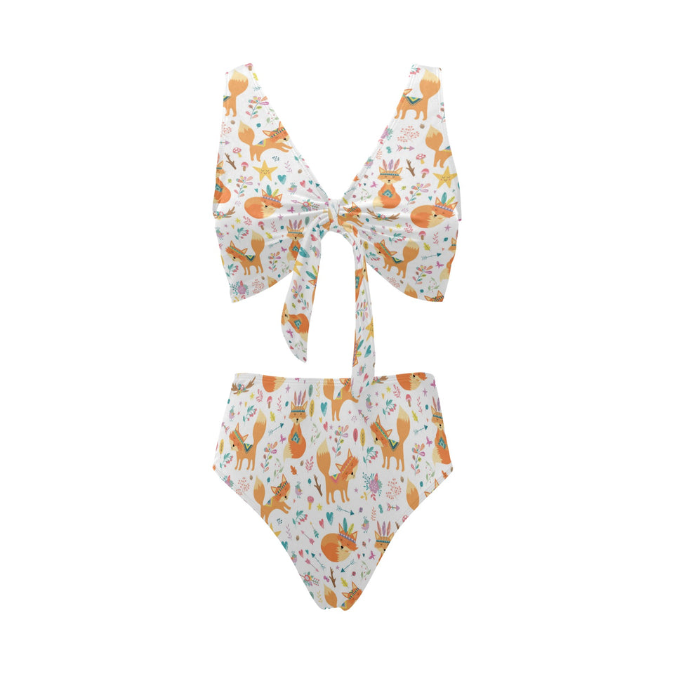 cute tribal fox pattern Chest Bowknot High Waisted Bikini Swimsuit