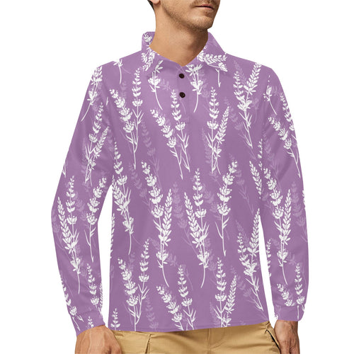 Lavender flowers purple pattern Men's Long Sleeve Polo Shirt