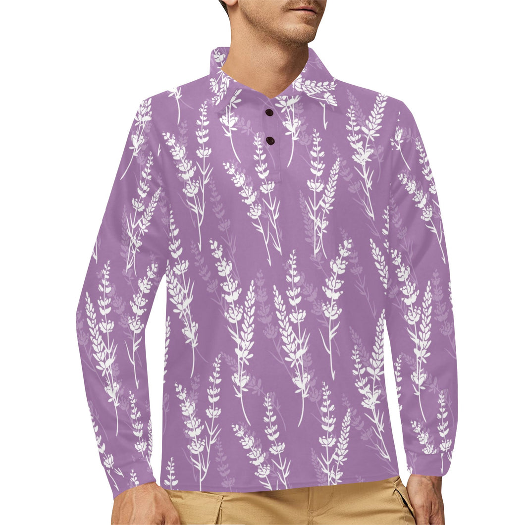 Lavender flowers purple pattern Men's Long Sleeve Polo Shirt