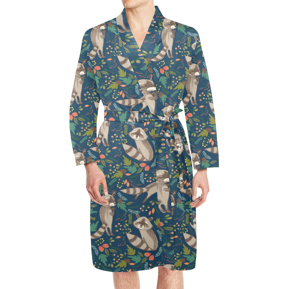 Raccoon tropical leaves pattern Men's Long Sleeve Belted Night Robe