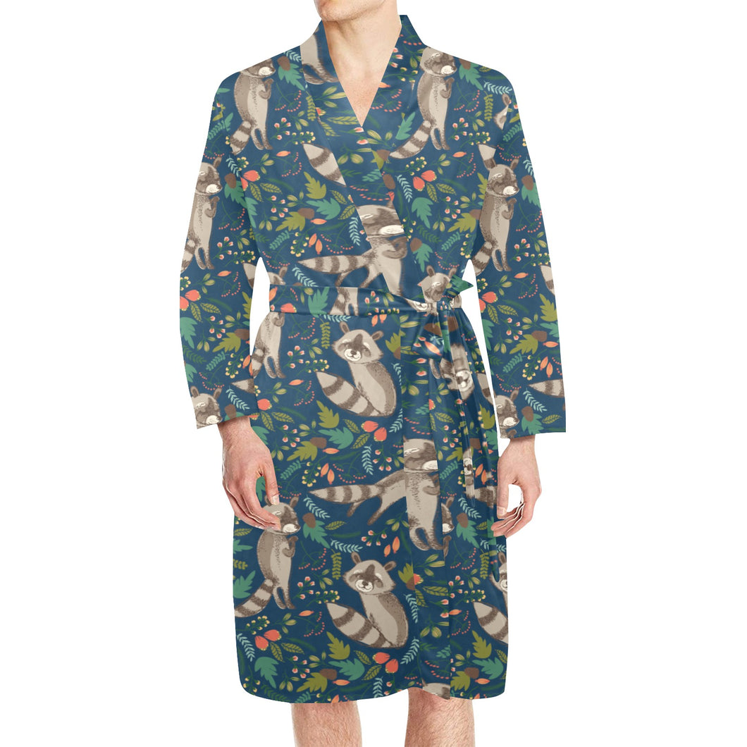 Raccoon tropical leaves pattern Men's Long Sleeve Belted Night Robe