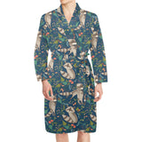Raccoon tropical leaves pattern Men's Long Sleeve Belted Night Robe