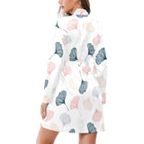 Black Gray Cream coral ginkgo leaves pattern Women's Long Sleeve Belted Night Robe