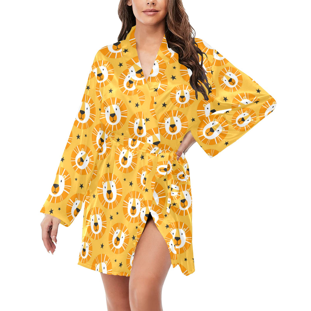 Lion Pattern Print Design 03 Women's Long Sleeve Belted Night Robe