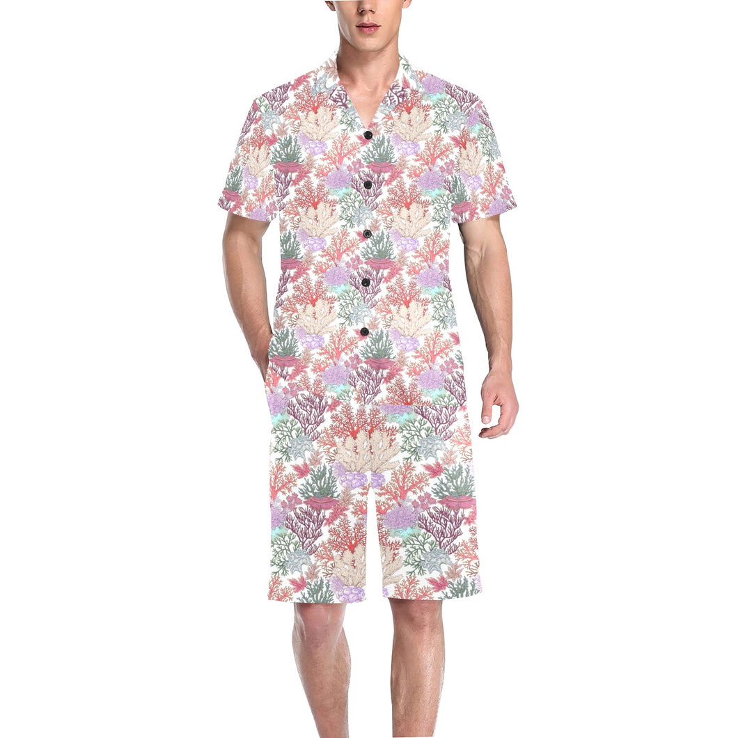 Coral Reef Pattern Print Design 03 Men's V-Neck Short Pajama Set