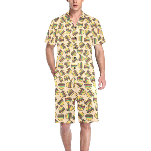 Hamburger Pattern Print Design 01 Men's V-Neck Short Pajama Set