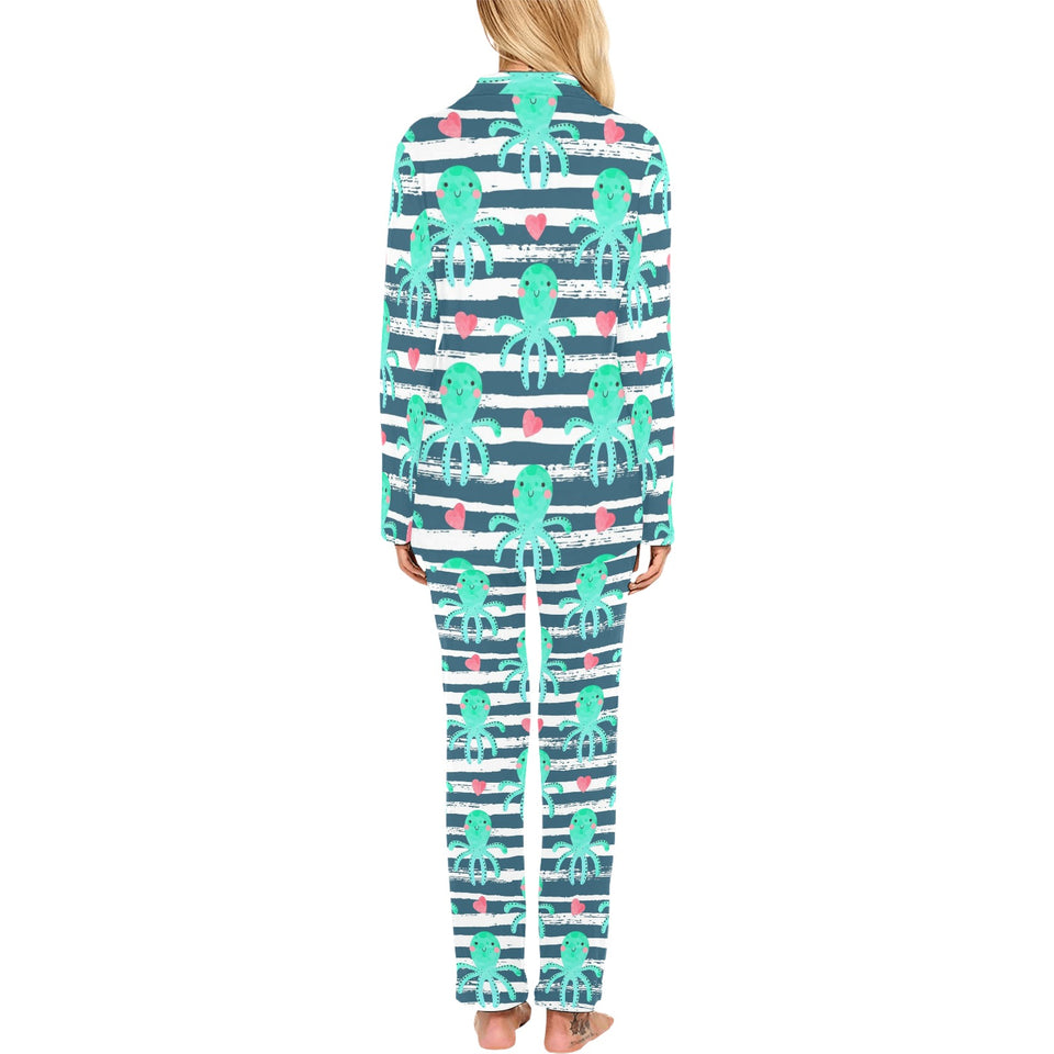 Cute octopuses heart striped background Women's Long Pajama Set