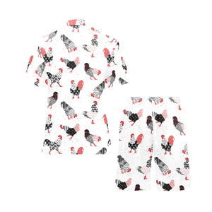 Cool rooster chicken cock floral ornament backgrou Men's V-Neck Short Pajama Set