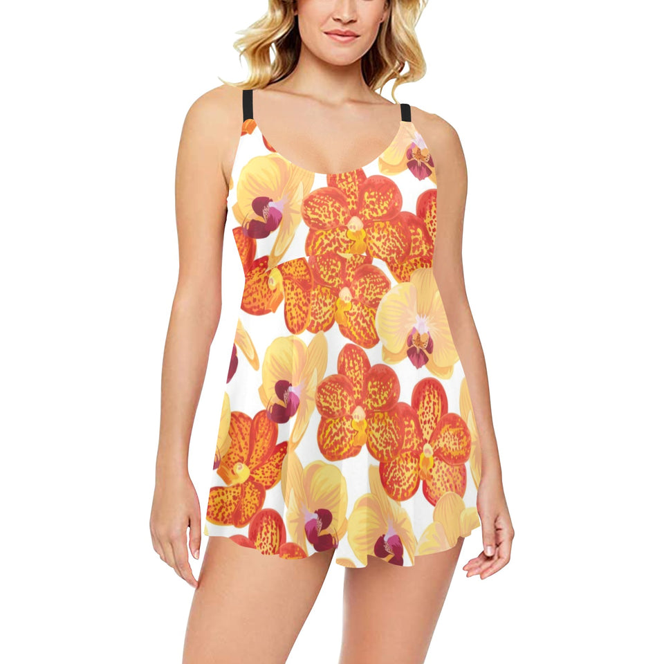 Orange yellow orchid flower pattern background Chest Sexy Pleated Two Piece Swim Dress