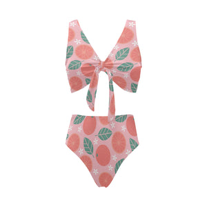 Grapefruit leaves flower pink background Chest Bowknot High Waisted Bikini Swimsuit