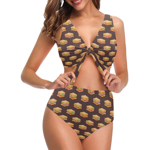 Sandwich Pattern Print Design 04 Chest Bowknot High Waisted Bikini Swimsuit