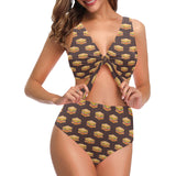 Sandwich Pattern Print Design 04 Chest Bowknot High Waisted Bikini Swimsuit