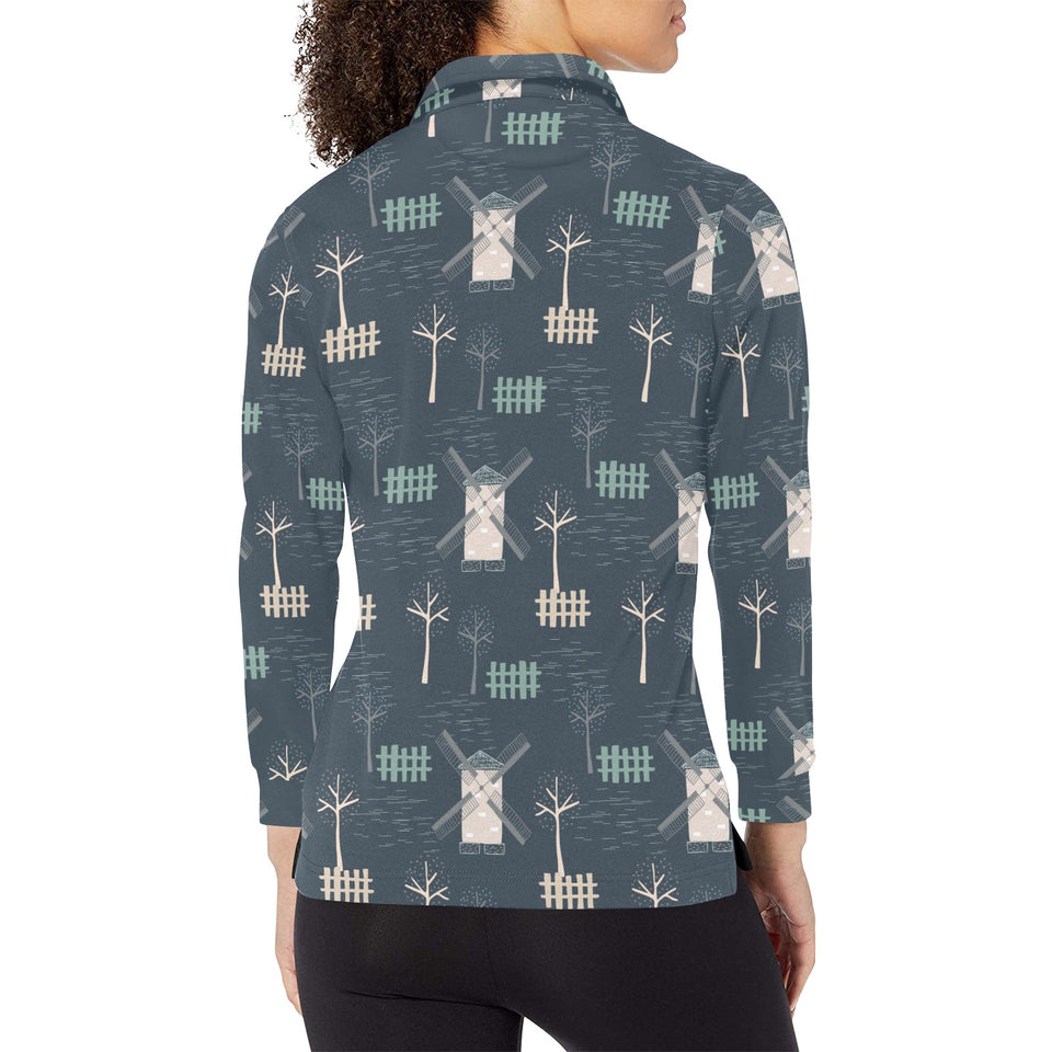 windmill tree pattern Women's Long Sleeve Polo Shirt