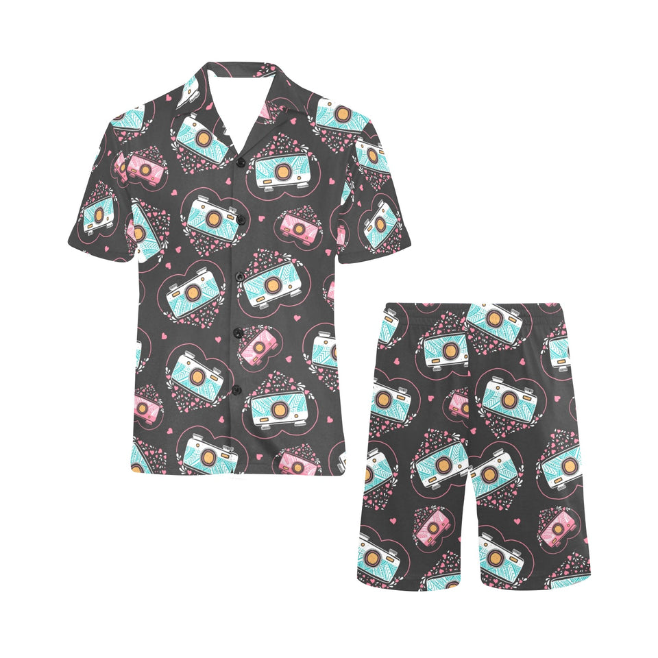 Camera Pattern Print Design 04 Men's V-Neck Short Pajama Set