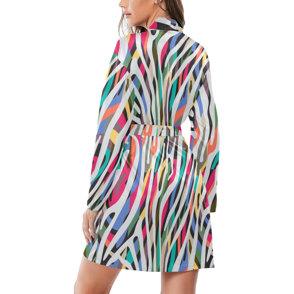 Colorful zebra skin pattern Women's Long Sleeve Belted Night Robe
