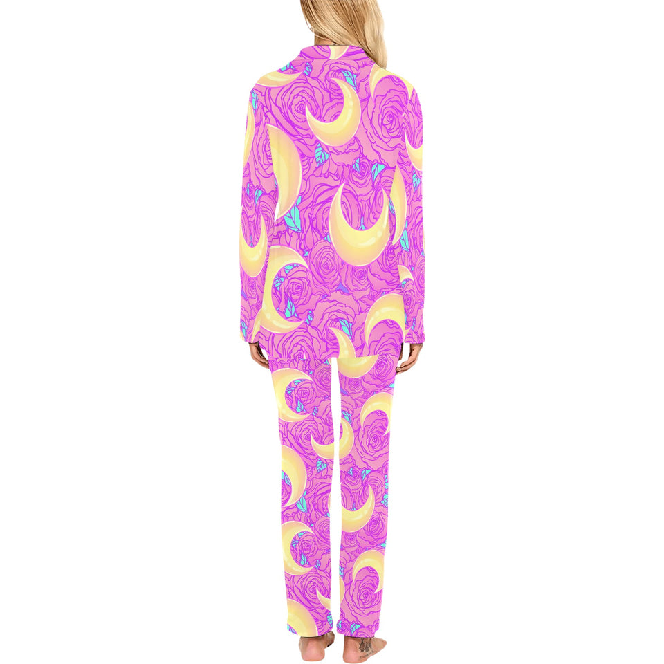 Moon pink rose background Women's Long Pajama Set