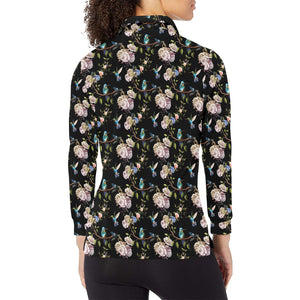 Hummingbird Pattern Print Design 03 Women's Long Sleeve Polo Shirt
