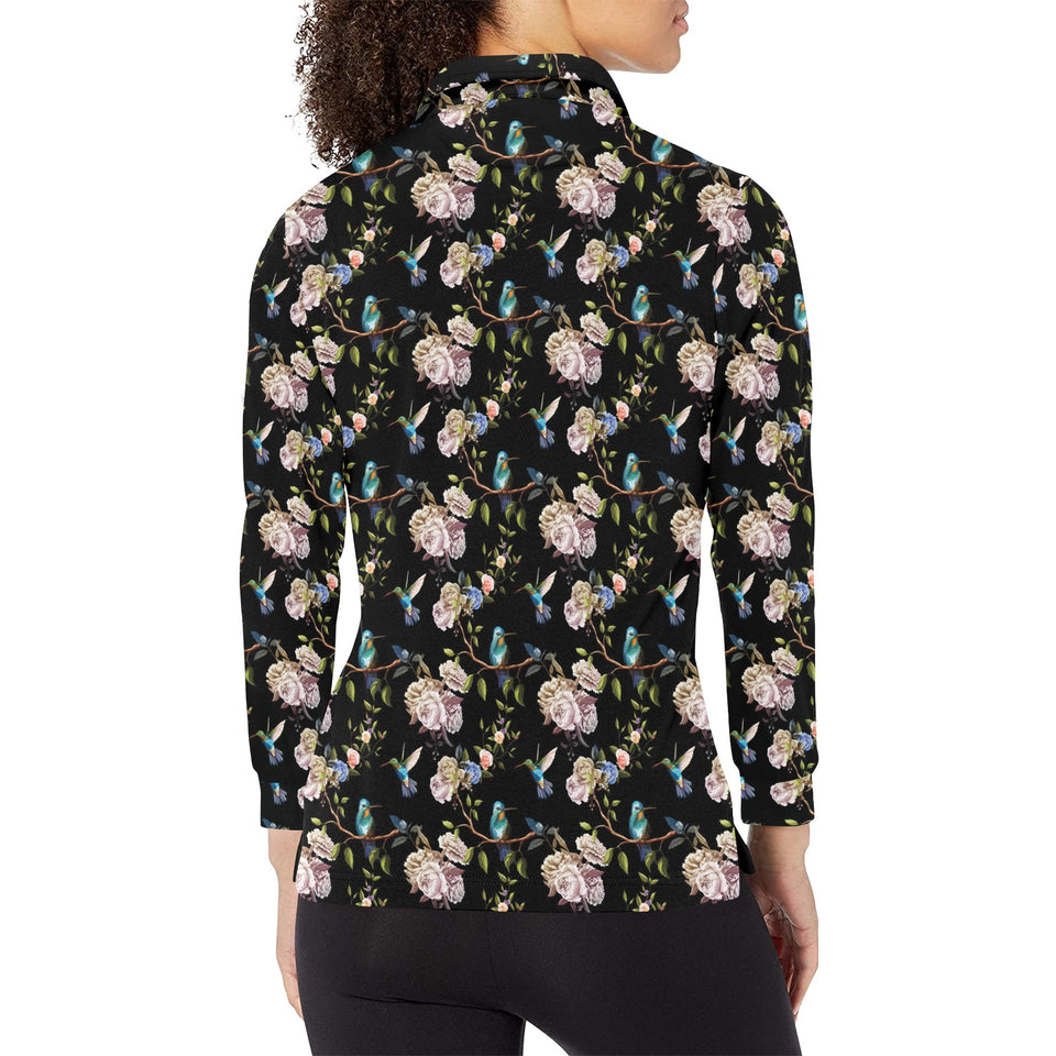 Hummingbird Pattern Print Design 03 Women's Long Sleeve Polo Shirt