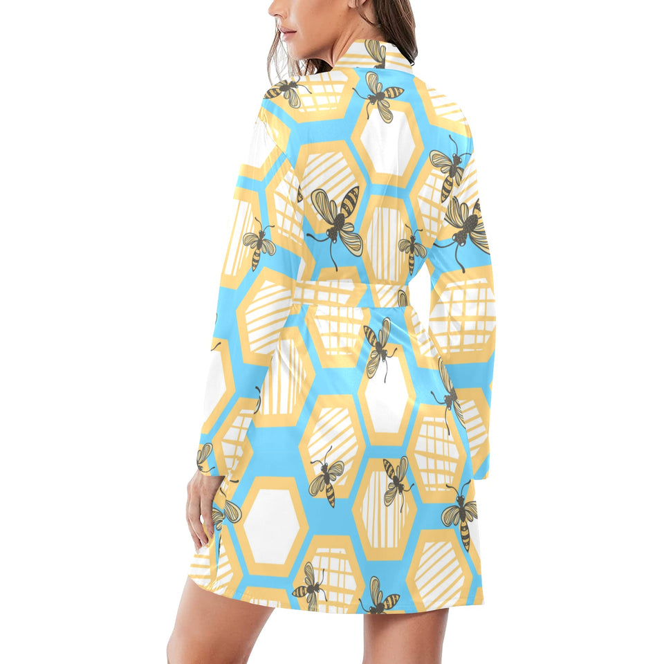 Bee honeycomb pattern Women's Long Sleeve Belted Night Robe