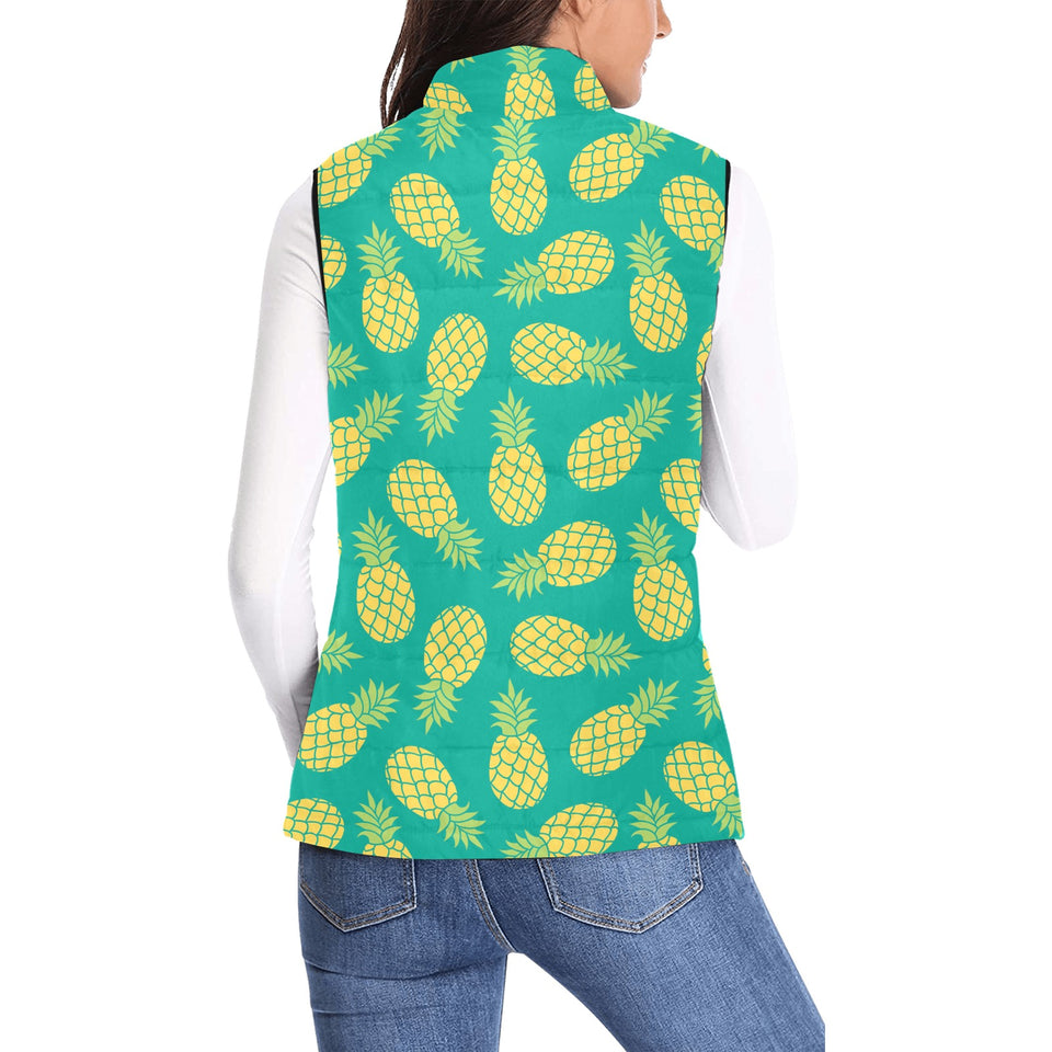 Pineapples pattern green background Women's Padded Vest