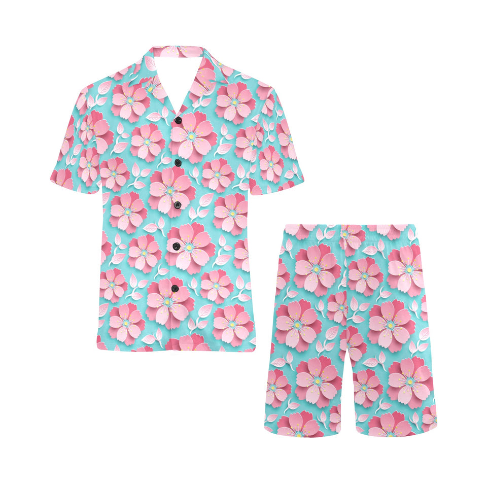 3D sakura cherry blossom pattern Men's V-Neck Short Pajama Set