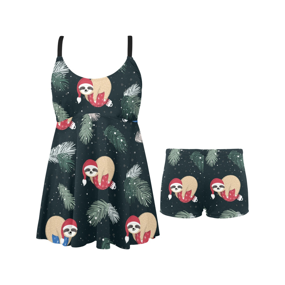 Cute sloths sleeping christmas ball santa hat patt Chest Sexy Pleated Two Piece Swim Dress