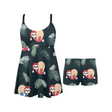 Cute sloths sleeping christmas ball santa hat patt Chest Sexy Pleated Two Piece Swim Dress